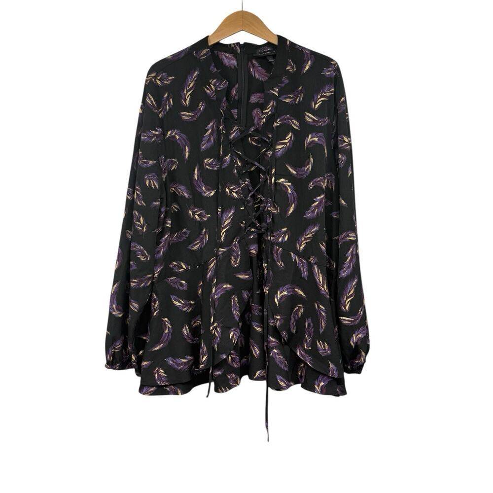 Lane Bryant Black Purple Gold Feather Lace Up Front Detail Blouse Womens Size 24
